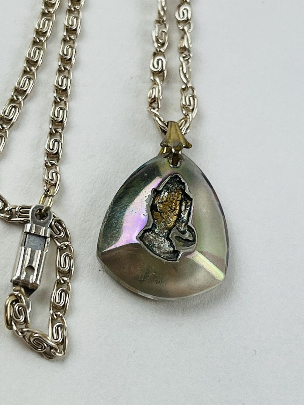 Vintage Religious Necklace praying hands Made Germany ABB Pendant Prayer carved